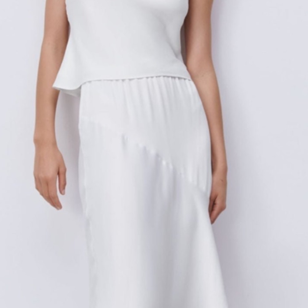 Zara White Asymmetrical Midi Slip Skirt